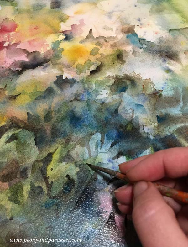 Watercolor painting in progress. By Paivi Eerola of Peony and Parakeet.