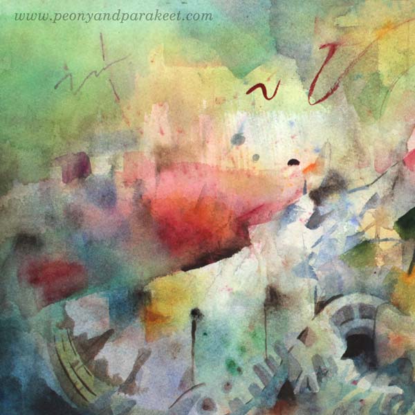 A detail of Icebreaker, a watercolor painting by Paivi Eerola of Peony and Parakeet.