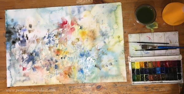 Watercolor painting in progress by Paivi Eerola of Peony and Parakeet.