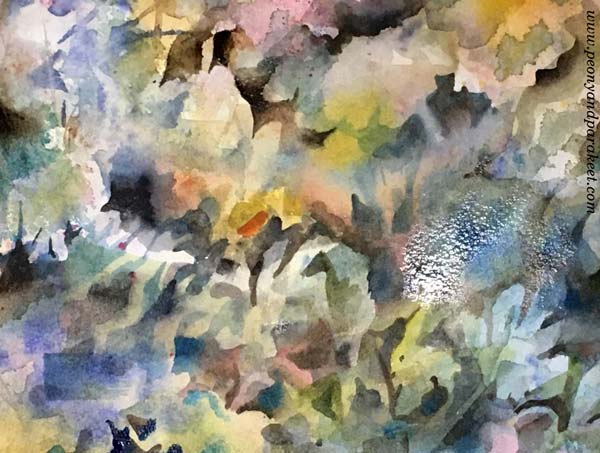 Watercolor painting in progress by Paivi Eerola of Peony and Parakeet.