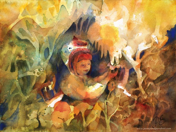 Leaf Chapel, a watercolor painting by Paivi Eerola of Peony and Parakeet