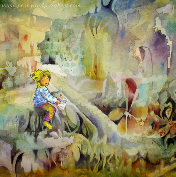Moments of boredom are necessary for creativity. Digital collage made of hand-drawn and hand-painted elements. By Paivi Eerola of Peony and Parakeet.
