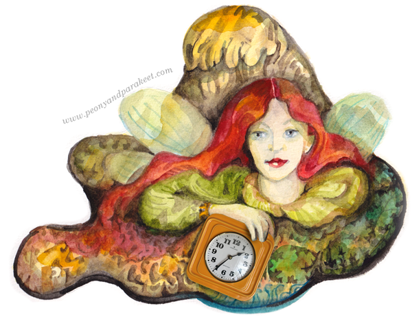 Back to childhood. Watercolor painting and a photo of a clock. By Paivi Eerola of Peony and parakeet.