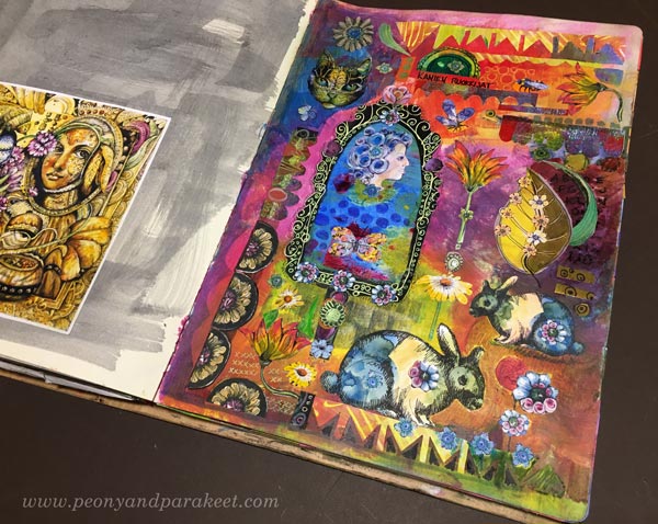 Art journal page spread by Paivi Eerola of Peony and Parakeet. Read how to create hand-drawn collage samplers!