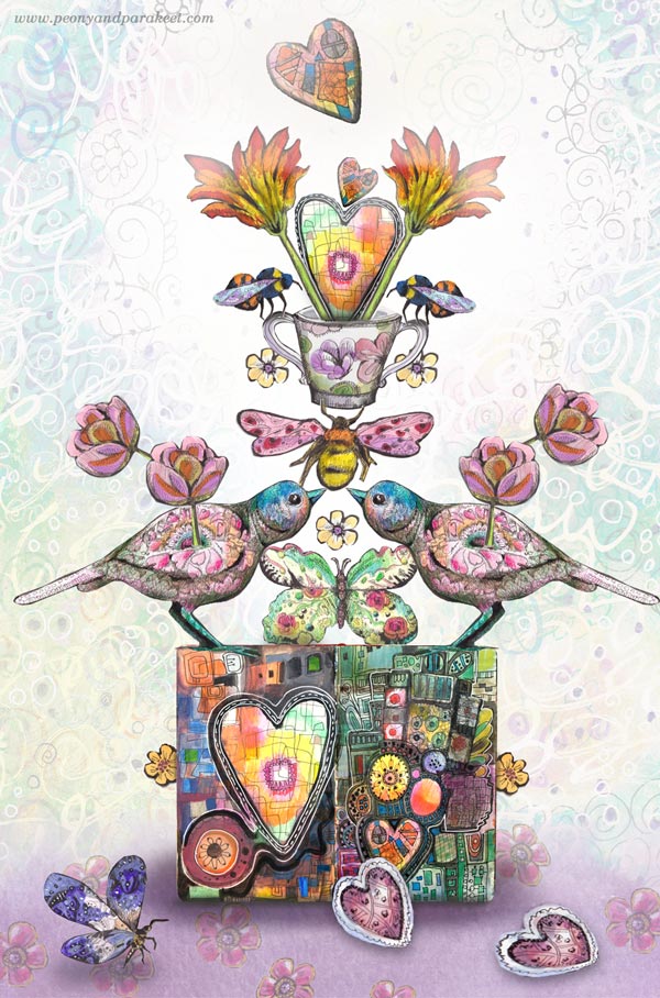 A digital collage of hand-drawn elements, a fun ornament with animals. By Paivi Eerola of Peony and Parakeet.