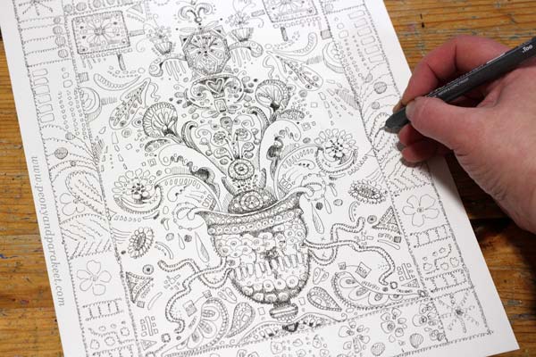 Doodler's Sampler, a drawing by Paivi Eerola of Peony and Parakeet. See the step by step instructions!