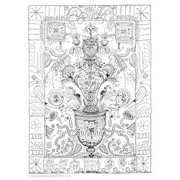 Doodler's Sampler, a drawing by Paivi Eerola of Peony and Parakeet. See the step by step instructions!