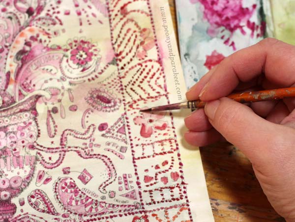 Coloring a black and white drawing. By Paivi Eerola of Peony and Parakeet.