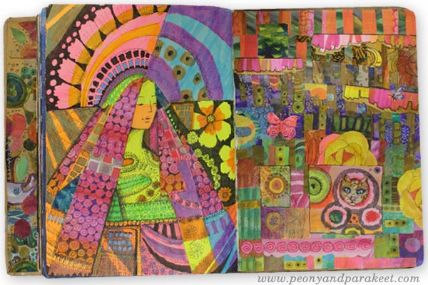 Art journal spread using neon markers by Paivi Eerola. Watch her art journal flip-through to see more inspiring pages!