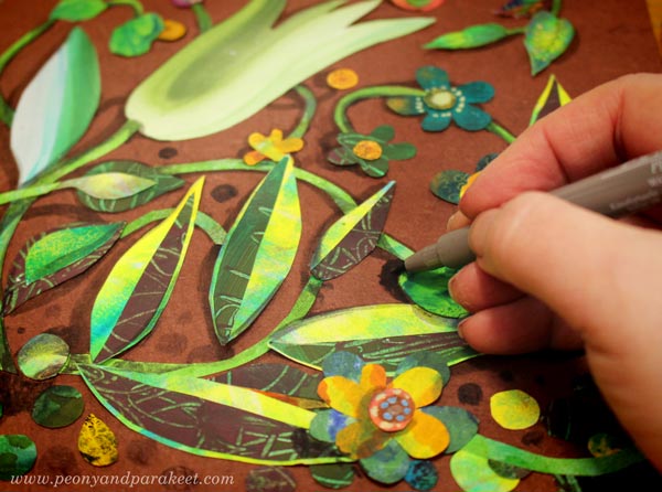 Adding shadows to a painted paper collage. By Paivi Eerola of Peony and Parakeet.