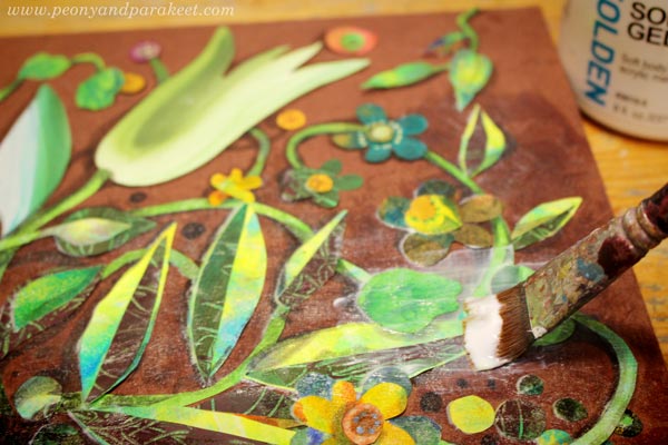 Sealing a painted paper collage. By Paivi Eerola of Peony and Parakeet.