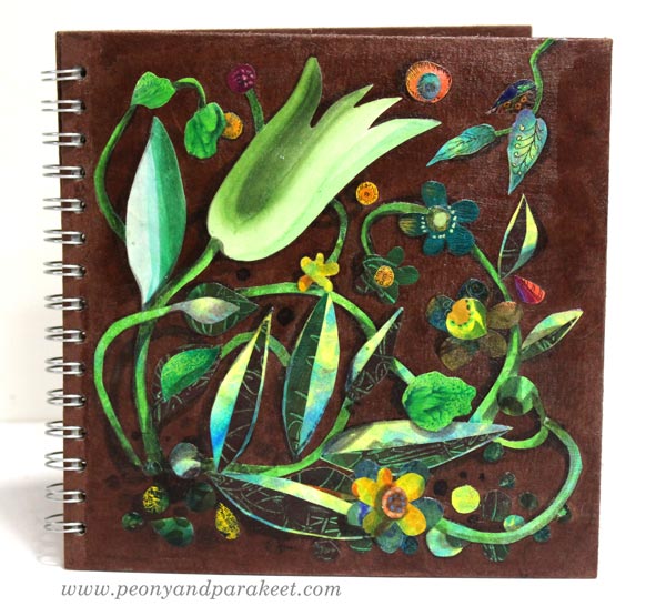 A painted paper collage. A sketchbook cover by Paivi Eerola of Peony and Parakeet.