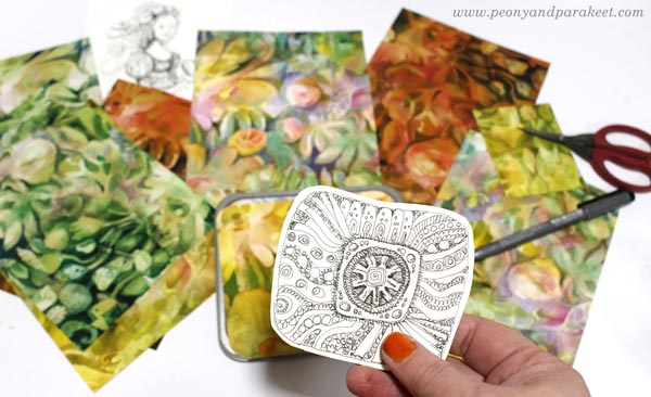 Decorating a tin box with beads, embroidery floss, and hand-drawn and hand-painted papers. Inspired by the tv series Sanditon. By Paivi Eerola of Peony and Parakeet.