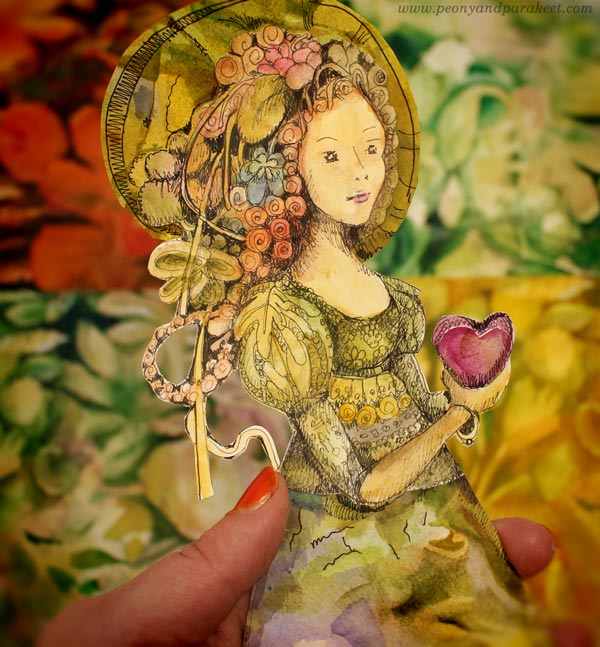 Hand-drawn paper doll inspired by Esther Denham of Sanditon. By Paivi Eerola of Peony and Parakeet.