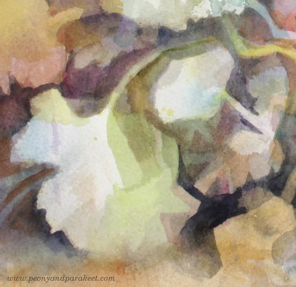 A detail of Torchbearer. A watercolor painting by Paivi Eerola of Peony and Parakeet.