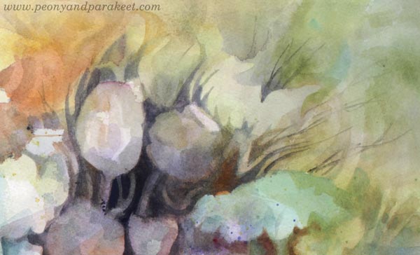 A detail of Torchbearer. A watercolor painting by Paivi Eerola of Peony and Parakeet.