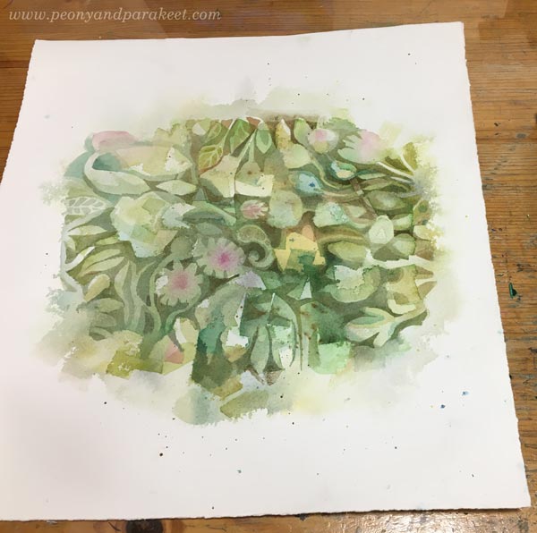 Designing a surface pattern in watercolor. By Paivi Eerola of Peony and Parakeet.