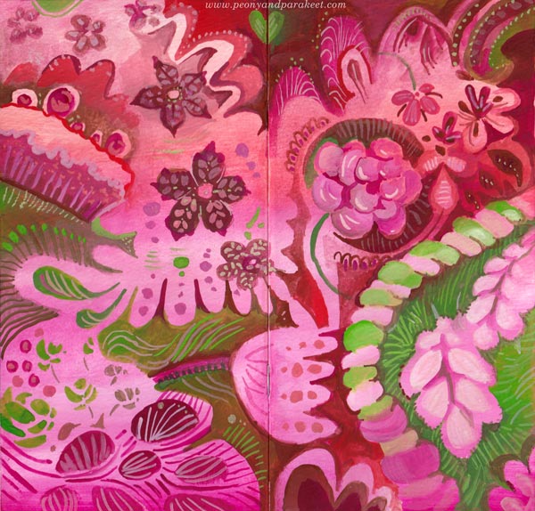 Journal cover in pink, red, and green. By Paivi Eerola of Peony and Parakeet.