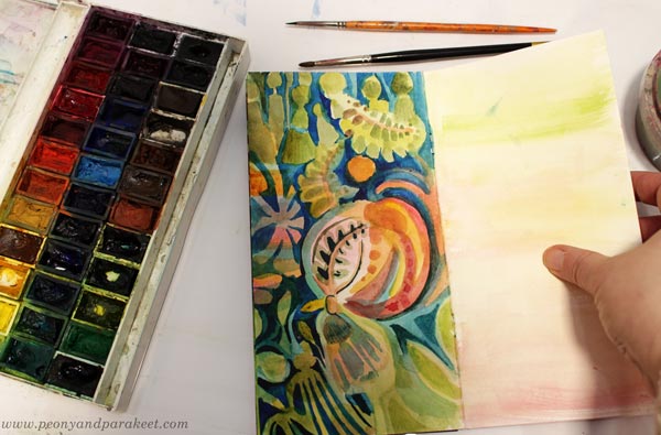 Watercolors on an art journal page. Creating in a decorative art style by Paivi Eerola of Peony and Parakeet.