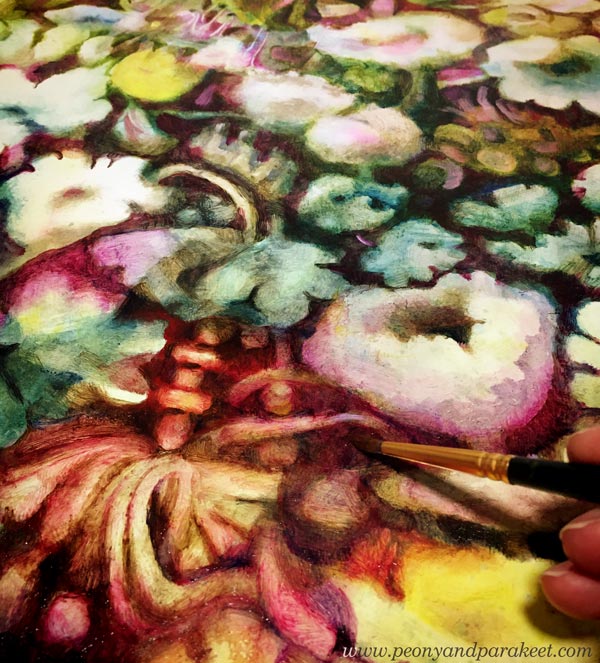 Oil painting in progress by Paivi Eerola of Peony and Parakeet.
