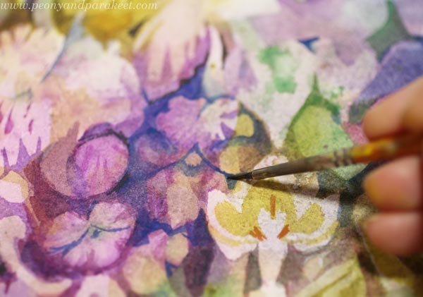 A watercolor painting in progress. By Paivi Eerola of Peony and Parakeet.