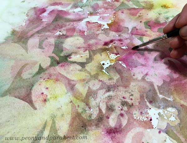 A watercolor painting in progress. By artist Paivi Eerola of Peony and Parakeet.