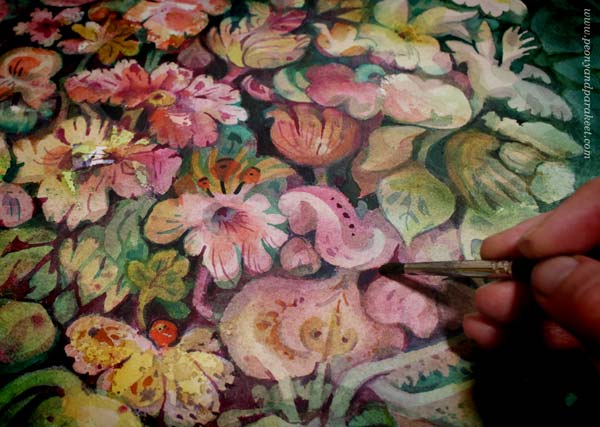 A floral watercolor painting in progress. By Paivi Eerola of Peony and Parakeet.