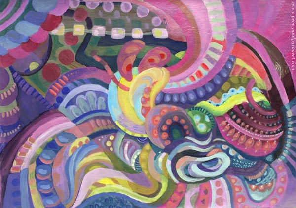 Cosytopia, an abstract acrylic painting by Paivi Eerola of Peony and Parakeet.