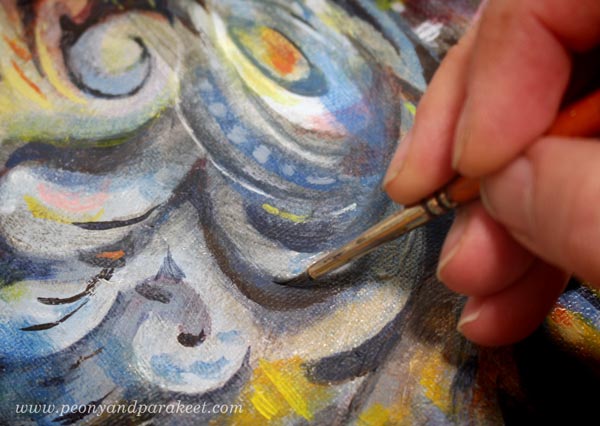 Painting details by Paivi Eerola of Peony and Parakeet.