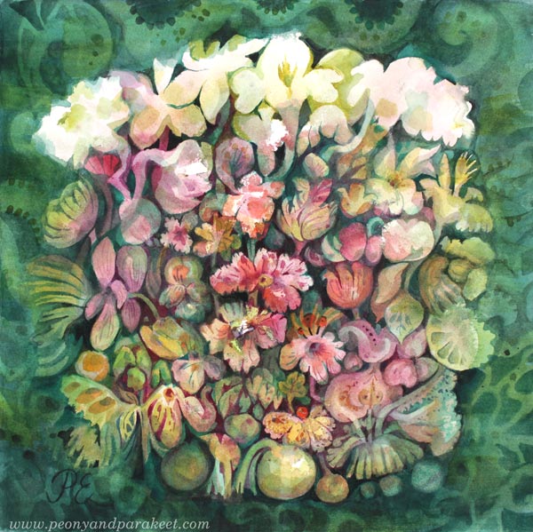 Lemonietta. A floral watercolor painting by Paivi Eerola of Peony and Parakeet.