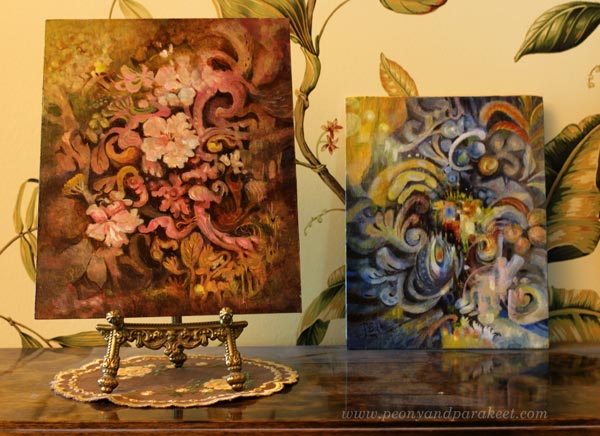 Dulciana and Ceruleana, small acrylic paintings by Paivi Eerola of Peony and Parakeet.