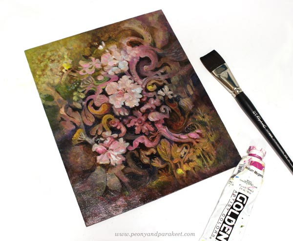 Dulciana, an acrylic painting by paivi Eerola of Peony and Parakeet. Inspired by flowering trees.