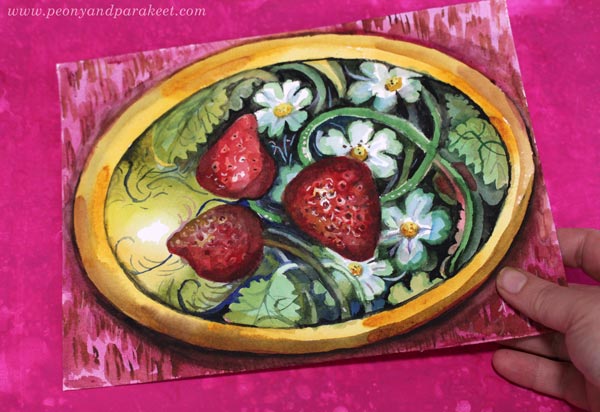 Strawberries - a watercolor painting by Paivi Eerola of Peony and Parakeet. Watch her video about painting this!