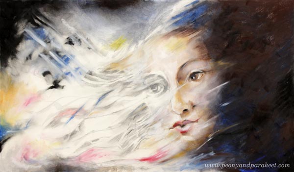 Rising Star - graphite pencil, acrylic paints, oil pastels, from the class Innovative Portraits. Creating mixed media, choosing art supplies.