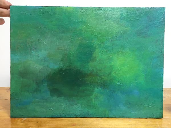Painting a green and turquoise background.