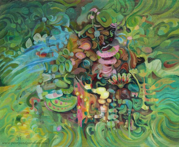 "Paradise", an acrylic painting by Paivi Eerola of Peony and Parakeet.