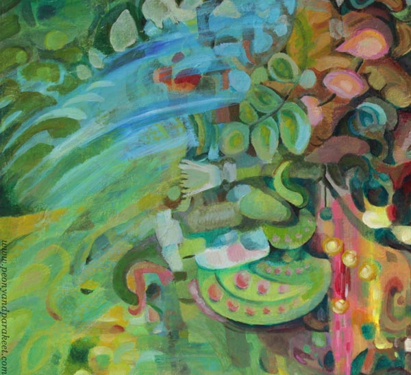 A detail of "Paradise", an acrylic painting by Paivi Eerola of Peony and Parakeet. Read her post about connecting with the artistic spirit.