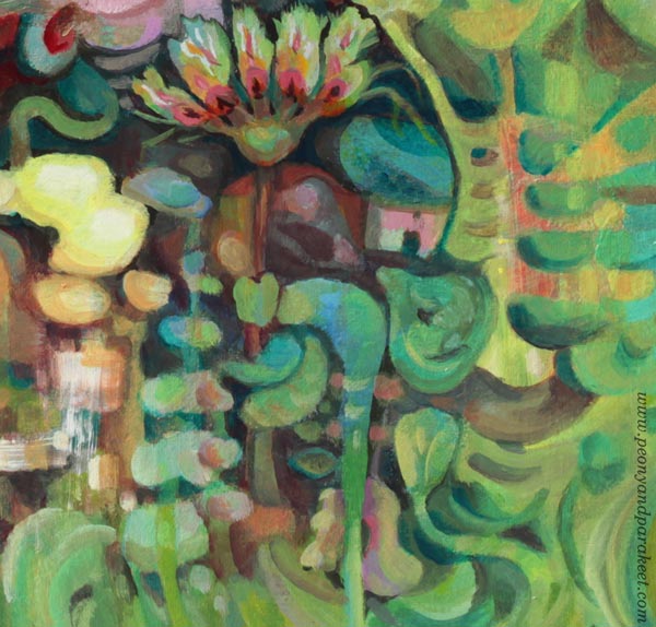 A detail of "Paradise", an acrylic painting by Paivi Eerola of Peony and Parakeet.