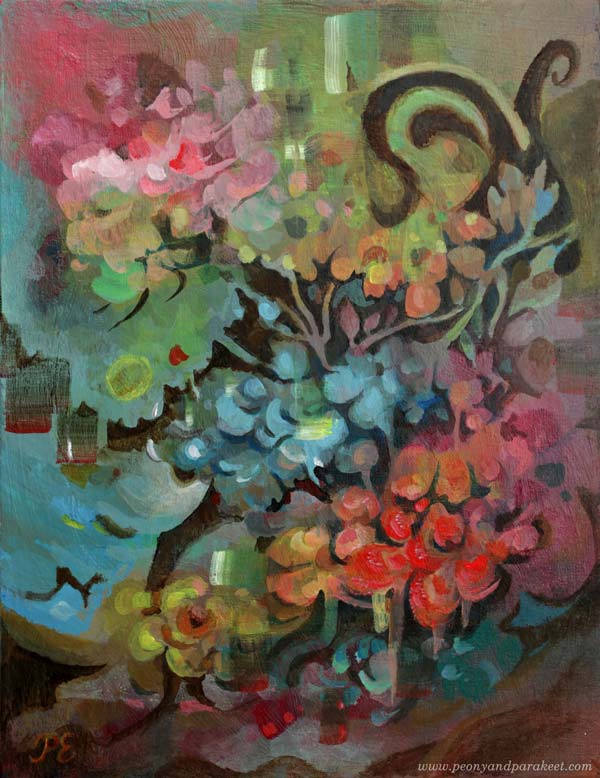 "Deer to Dream" - an acrylic painting by Paivi Eerola of Peony and Parakeet.