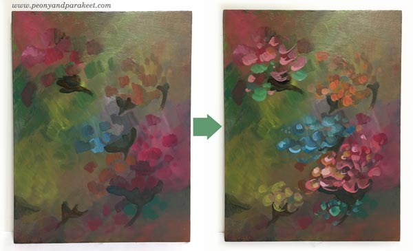 Intuitive painting step by step - Step 3. By Paivi Eerola of Peony and Parakeet.