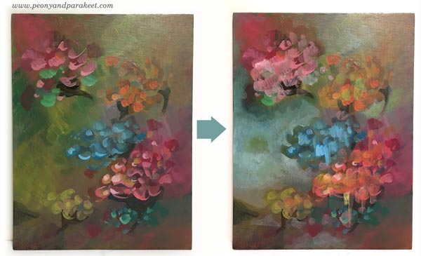 Intuitive painting step by step - Step 4. By Paivi Eerola of Peony and Parakeet.