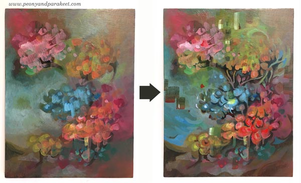 Intuitive painting step by step - Step 5. By Paivi Eerola of Peony and Parakeet.