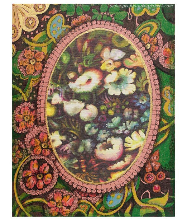 Pretty art journaling. An inner cover of a pretty art journal. By Peony and Parakeet.