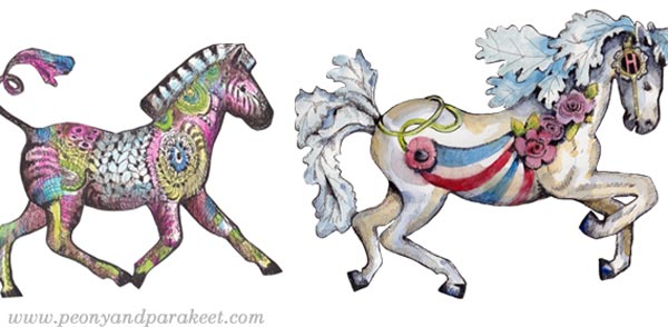 A colorful zebra and a fantasy horse. By Paivi Eerola of Peony and Parakeet.