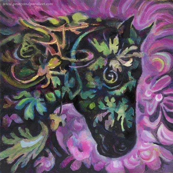 Ebony, a miniature horse painting, 4 by 4 inches, by Paivi Eerola of Peony and Parakeet.