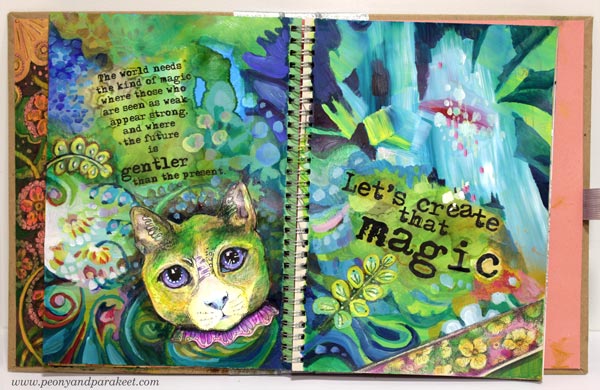 Adding text to art journal pages by Peony and Parakeet. Using alcohol ink with printed text blocks.