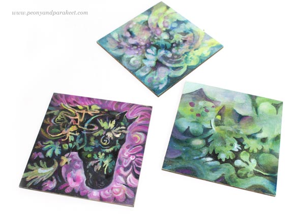 Working on small paintings on Ampersand Gessoboard Panels. By Paivi Eerola of Peony and Parakeet.