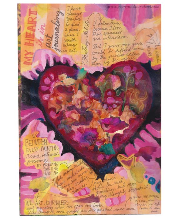 Handwritten text on an art journal page. By Paivi Eerola of Peony and Parakeet.