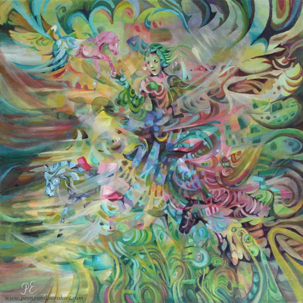 Playing with fantasy horses. "Steppe Wind" - an acrylic painting by Paivi Eerola, 2020.