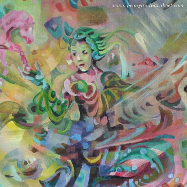 A detail of "Arotuuli / Steppe Wind", an acrylic painting by Paivi Eerola of Peony and Parakeet.